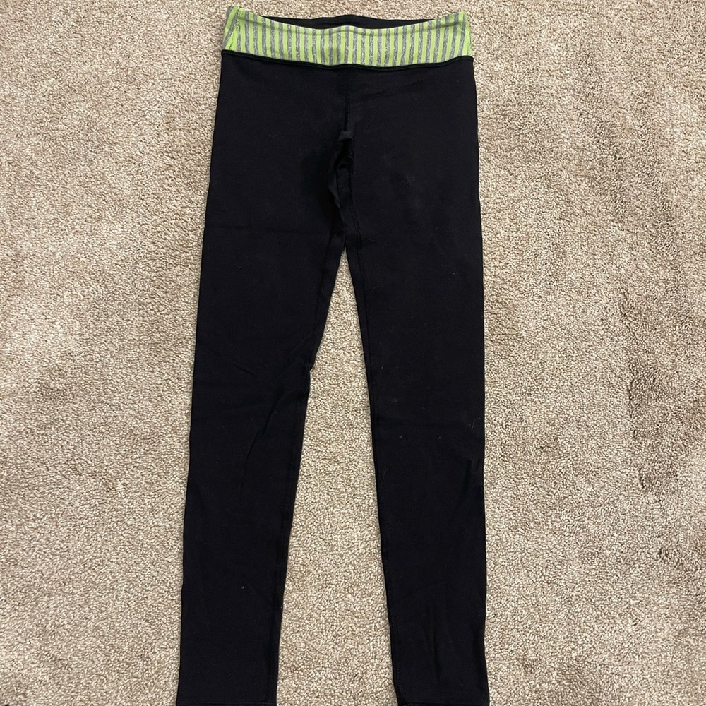Ivivva by Lululemon Girls Black Full Length Leggings Green Waistband Size 10